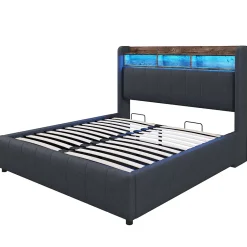 Redom Lit 140x200 cm tapissé tissu lin gris avec rangement hydraulique, tête de lit à LED changeantes et ports USB Best