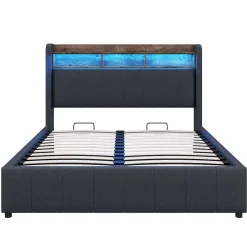 Redom Lit 140x200 cm tapissé tissu lin gris avec rangement hydraulique, tête de lit à LED changeantes et ports USB Best