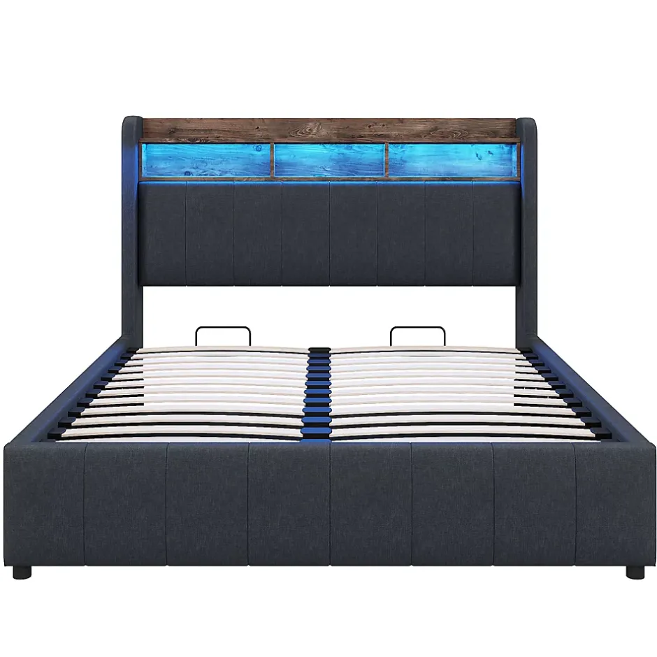 Redom Lit 140x200 cm tapissé tissu lin gris avec rangement hydraulique, tête de lit à LED changeantes et ports USB Best