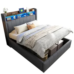 Redom Lit 140x200 cm tapissé tissu lin gris avec rangement hydraulique, tête de lit à LED changeantes et ports USB Best