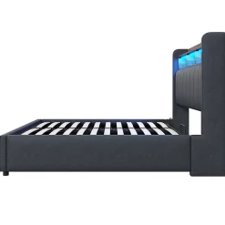 Redom Lit 140x200 cm tapissé tissu lin gris avec rangement hydraulique, tête de lit à LED changeantes et ports USB Best