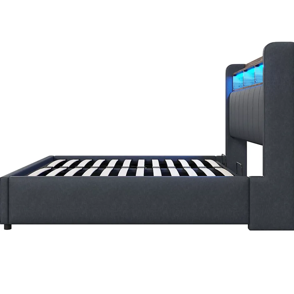 Redom Lit 140x200 cm tapissé tissu lin gris avec rangement hydraulique, tête de lit à LED changeantes et ports USB Best