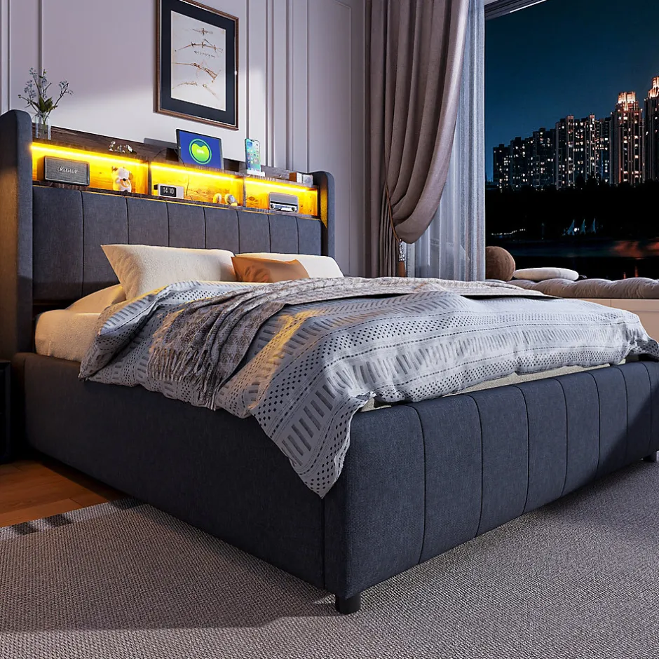 Redom Lit 140x200 cm tapissé tissu lin gris avec rangement hydraulique, tête de lit à LED changeantes et ports USB Best