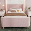 Redom Lit 90x200 cm tapissé velours avec tête de lit style luge, motifs spatiaux enfantins, coloris rose