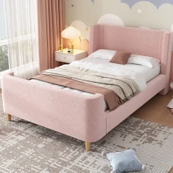 Redom Lit 90x200 cm tapissé velours avec tête de lit style luge, motifs spatiaux enfantins, coloris rose