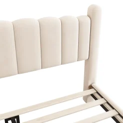 Redom Lit 160x200 cm tapissé velours beige avec tête de lit ondulée et pieds cylindriques 43,5 cm New