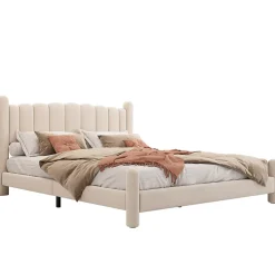 Redom Lit 160x200 cm tapissé velours beige avec tête de lit ondulée et pieds cylindriques 43,5 cm New