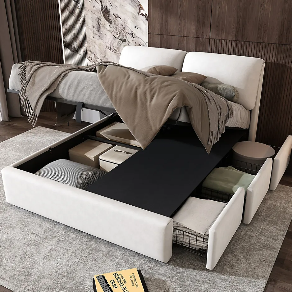 Redom Lit 140x200 cm tapissé velours beige avec coffre intégré, 3 tiroirs latéraux et tête de lit réglable New