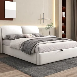 Redom Lit 140x200 cm tapissé velours beige avec coffre intégré, 3 tiroirs latéraux et tête de lit réglable New
