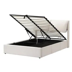 Redom Lit 140x200 cm tapissé velours beige avec coffre intégré, 3 tiroirs latéraux et tête de lit réglable New