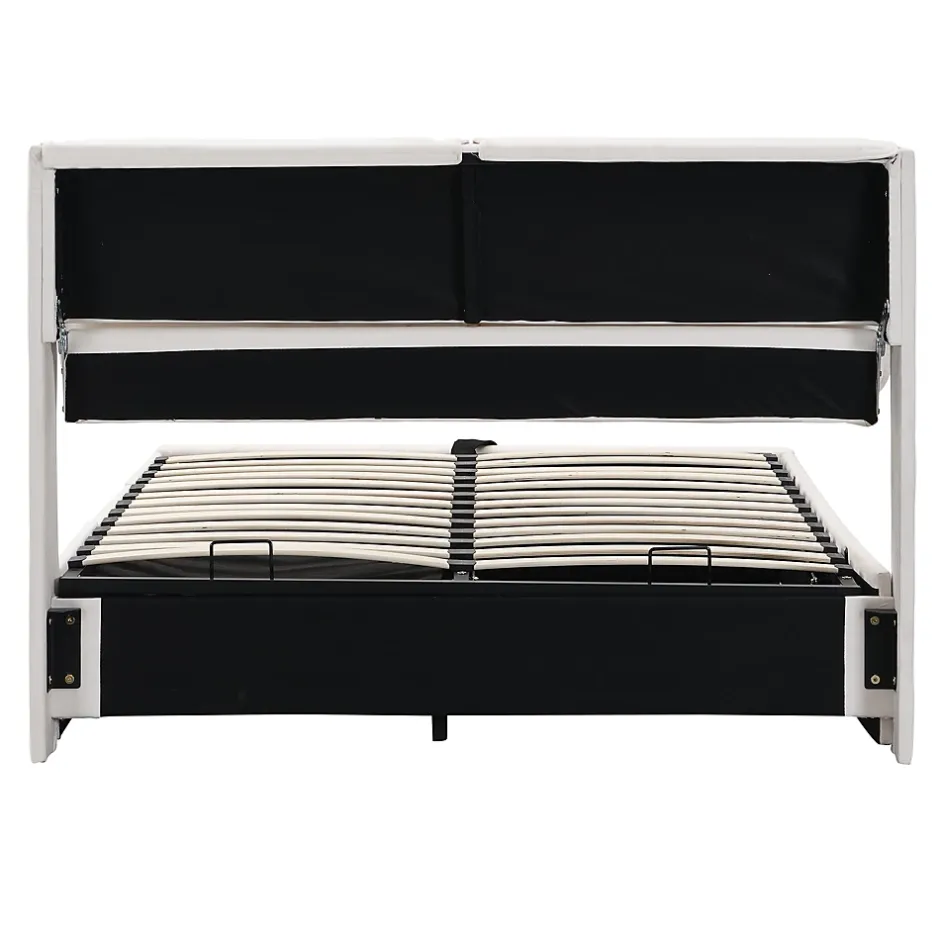 Redom Lit 140x200 cm tapissé velours beige avec coffre intégré, 3 tiroirs latéraux et tête de lit réglable New