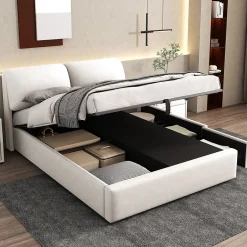 Redom Lit 140x200 cm tapissé velours beige avec coffre intégré, 3 tiroirs latéraux et tête de lit réglable New