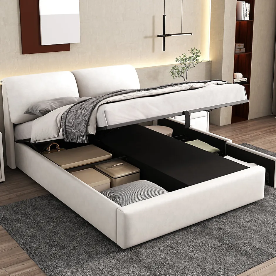 Redom Lit 140x200 cm tapissé velours beige avec coffre intégré, 3 tiroirs latéraux et tête de lit réglable New