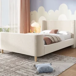 Redom Lit 90x200 cm tapissé velours beige, design luge avec tête rembourrée et motif spatial, cadre métal et bois Online