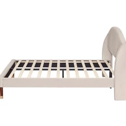 Redom Lit 140x200 cm tapissé velours beige avec tête de lit rembourrée et sommier à lattes en bois, style intemporel Clearance