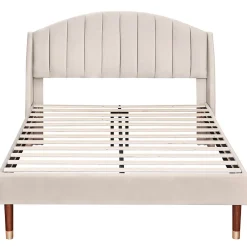 Redom Lit 140x200 cm tapissé velours beige avec tête de lit rembourrée et sommier à lattes en bois, style intemporel Clearance