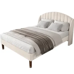 Redom Lit 140x200 cm tapissé velours beige avec tête de lit rembourrée et sommier à lattes en bois, style intemporel Clearance
