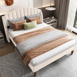 Redom Lit 140x200 cm tapissé velours beige avec tête de lit rembourrée et sommier à lattes en bois, style intemporel Clearance