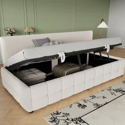 Redom Lit 90x200 cm tapissé velours beige avec rangement hydraulique, dossier sans accoudoirs, motif carreaux discret