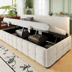 Redom Lit 90x200 cm tapissé velours beige avec rangement hydraulique, dossier sans accoudoirs, motif carreaux discret