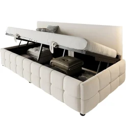 Redom Lit 90x200 cm tapissé velours beige avec rangement hydraulique, dossier sans accoudoirs, motif carreaux discret