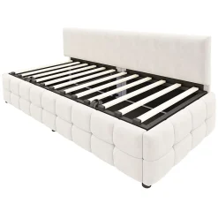 Redom Lit 90x200 cm tapissé velours beige avec rangement hydraulique, dossier sans accoudoirs, motif carreaux discret