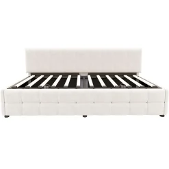 Redom Lit 90x200 cm tapissé velours beige avec rangement hydraulique, dossier sans accoudoirs, motif carreaux discret
