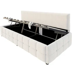 Redom Lit 90x200 cm tapissé velours beige avec rangement hydraulique, dossier sans accoudoirs, motif carreaux discret