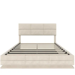 Redom Lit 140x200 cm tapissé velours beige avec coffre XXL, tête de lit 3 positions et éclairage LED