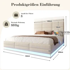 Redom Lit 140x200 cm tapissé velours beige avec coffre XXL, tête de lit 3 positions et éclairage LED