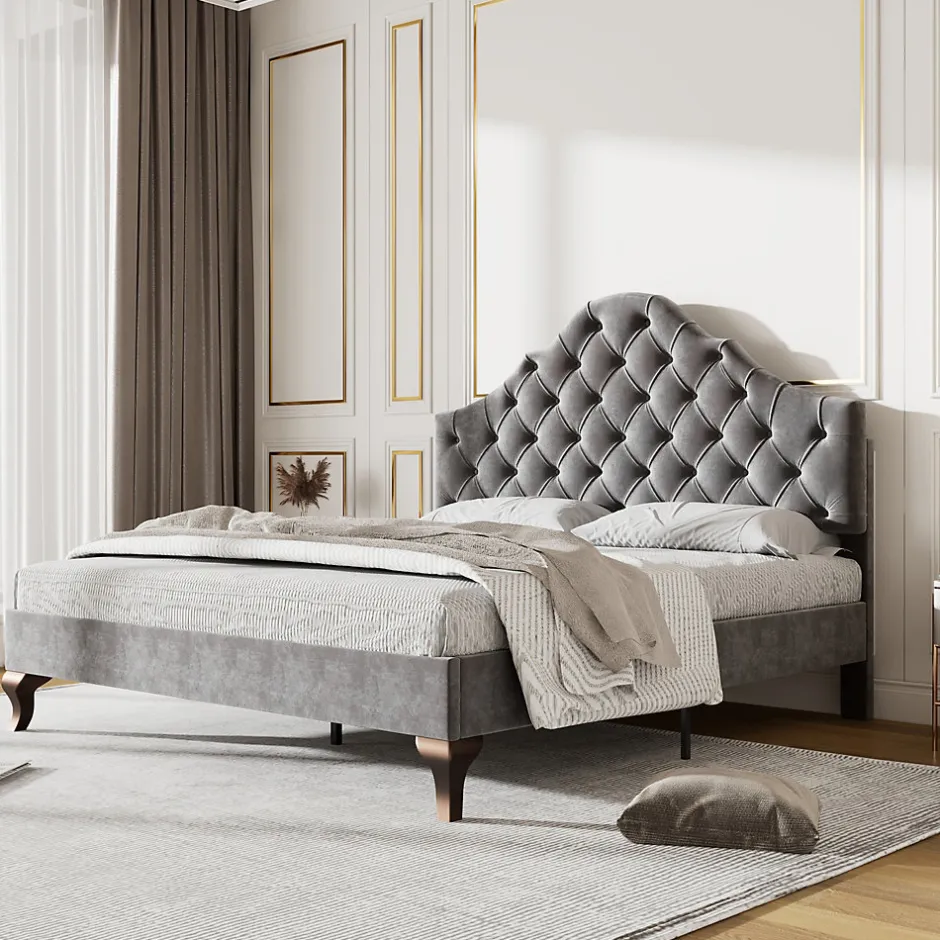 Redom Lit 140x200 cm tapissé velours gris avec tête rembourrée et lattes en bois, design élégant