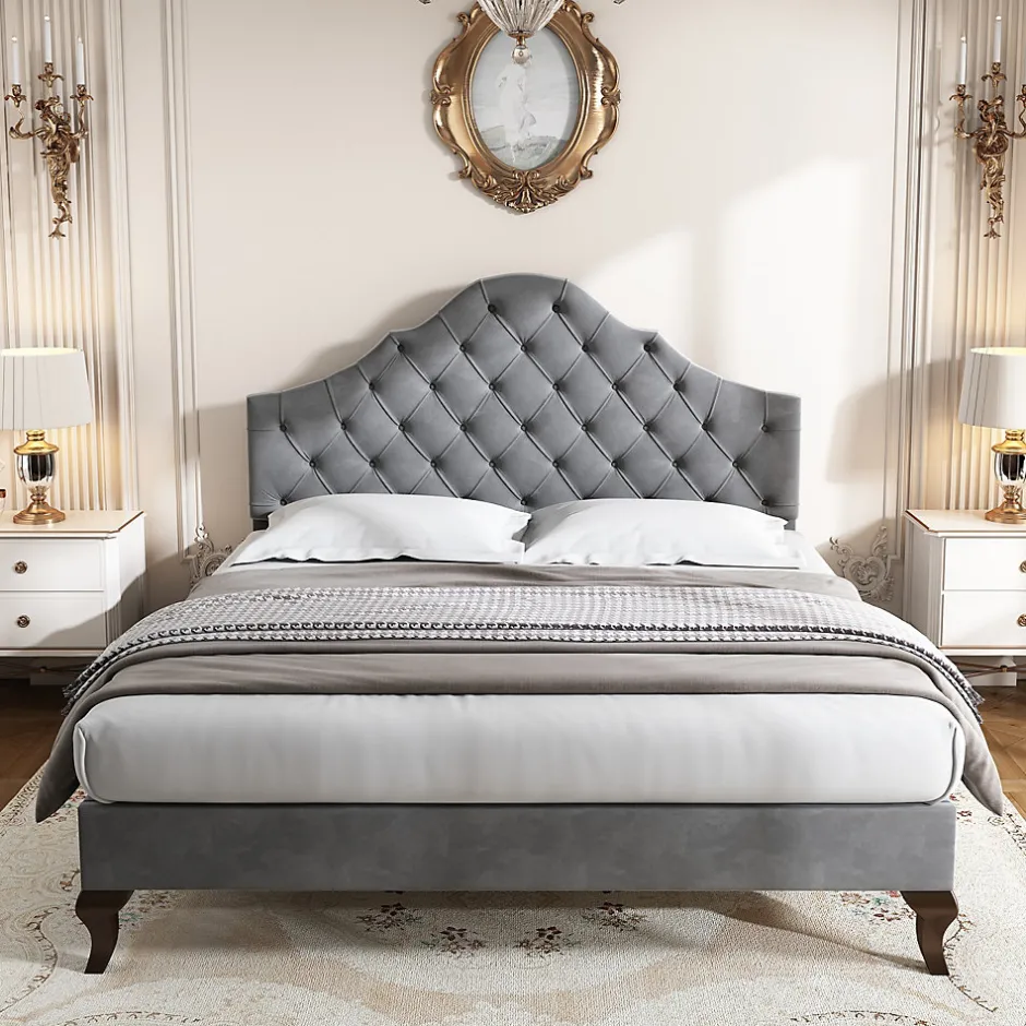 Redom Lit 140x200 cm tapissé velours gris avec tête rembourrée et lattes en bois, design élégant