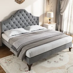 Redom Lit 140x200 cm tapissé velours gris avec tête rembourrée et lattes en bois, design élégant