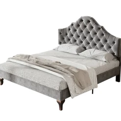 Redom Lit 140x200 cm tapissé velours gris avec tête rembourrée et lattes en bois, design élégant