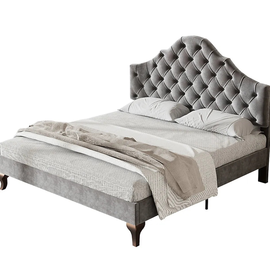 Redom Lit 140x200 cm tapissé velours gris avec tête rembourrée et lattes en bois, design élégant