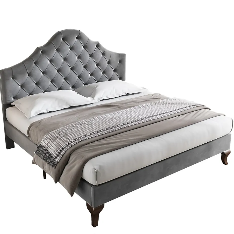 Redom Lit 140x200 cm tapissé velours gris avec tête rembourrée et lattes en bois, design élégant
