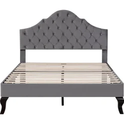 Redom Lit 140x200 cm tapissé velours gris avec tête rembourrée et lattes en bois, design élégant