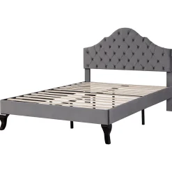 Redom Lit 140x200 cm tapissé velours gris avec tête rembourrée et lattes en bois, design élégant