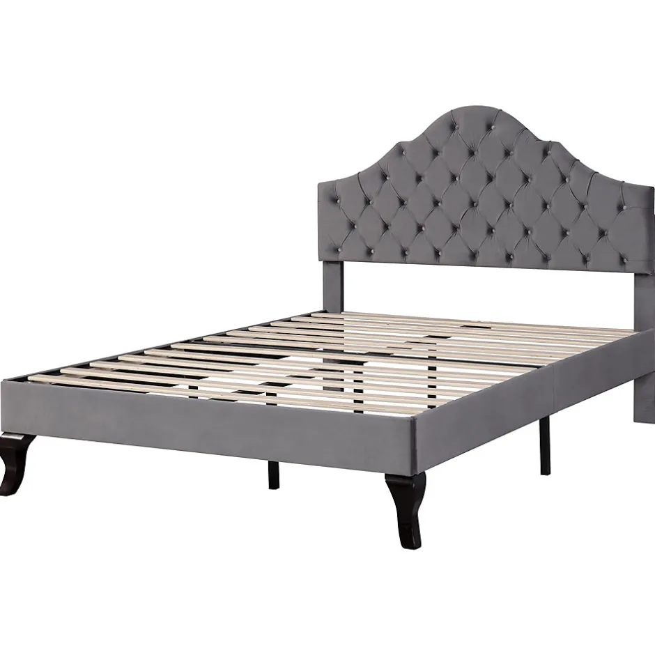 Redom Lit 140x200 cm tapissé velours gris avec tête rembourrée et lattes en bois, design élégant