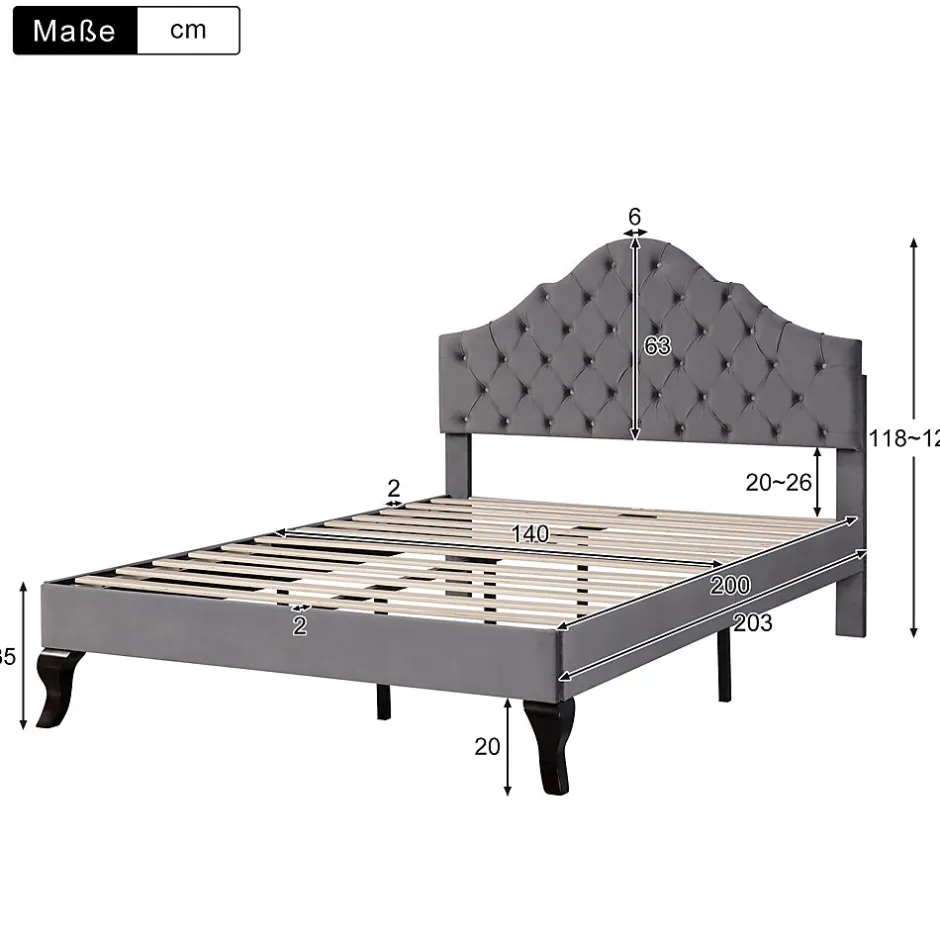 Redom Lit 140x200 cm tapissé velours gris avec tête rembourrée et lattes en bois, design élégant