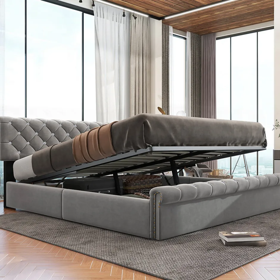 Redom Lit 180x200 cm tapissé velours gris avec tête de lit réglable, sommier à lattes et grand coffre de rangement Outlet