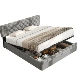 Redom Lit 180x200 cm tapissé velours gris avec tête de lit réglable, sommier à lattes et grand coffre de rangement Outlet