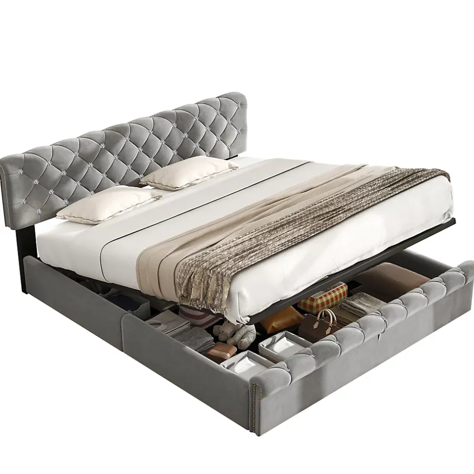Redom Lit 180x200 cm tapissé velours gris avec tête de lit réglable, sommier à lattes et grand coffre de rangement Outlet