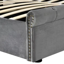 Redom Lit 180x200 cm tapissé velours gris avec tête de lit réglable, sommier à lattes et grand coffre de rangement Outlet