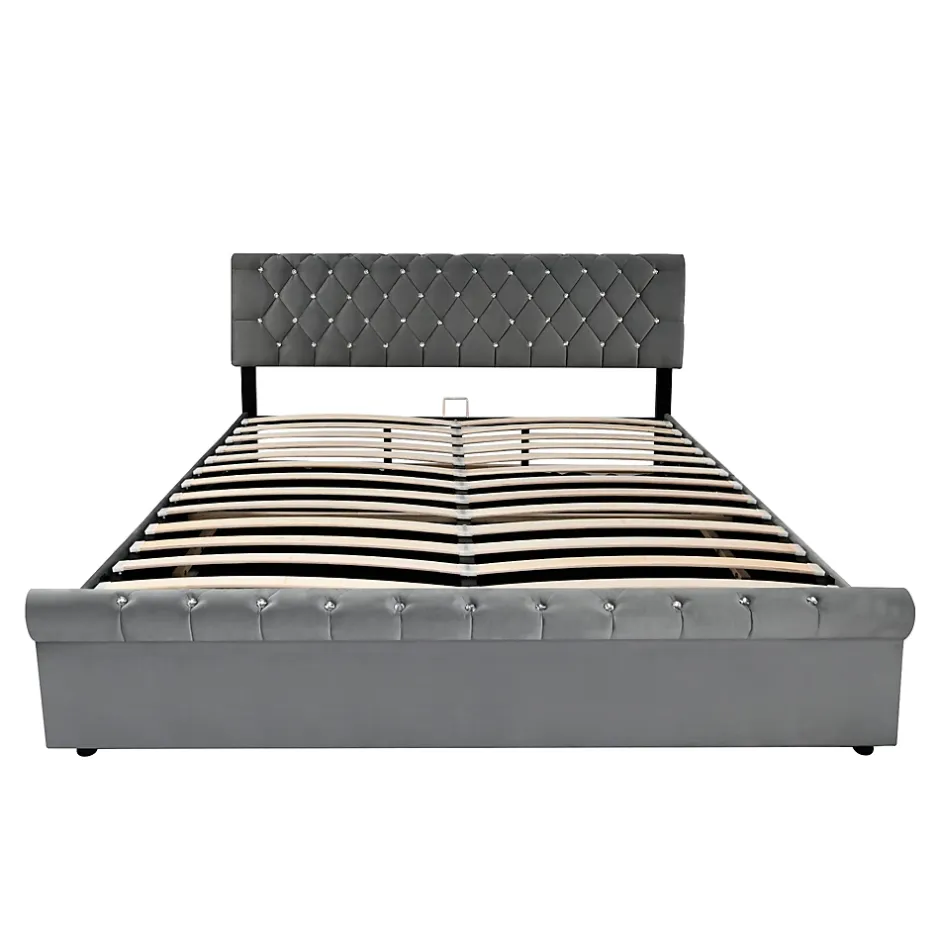 Redom Lit 180x200 cm tapissé velours gris avec tête de lit réglable, sommier à lattes et grand coffre de rangement Outlet