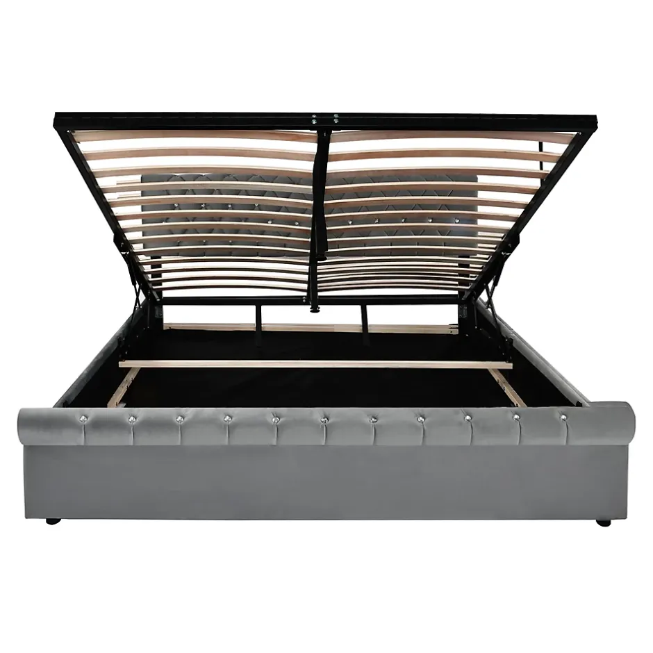 Redom Lit 180x200 cm tapissé velours gris avec tête de lit réglable, sommier à lattes et grand coffre de rangement Outlet