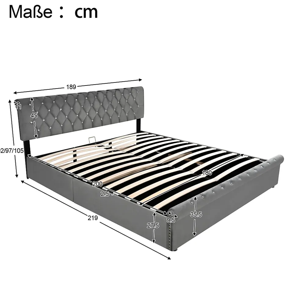 Redom Lit 180x200 cm tapissé velours gris avec tête de lit réglable, sommier à lattes et grand coffre de rangement Outlet