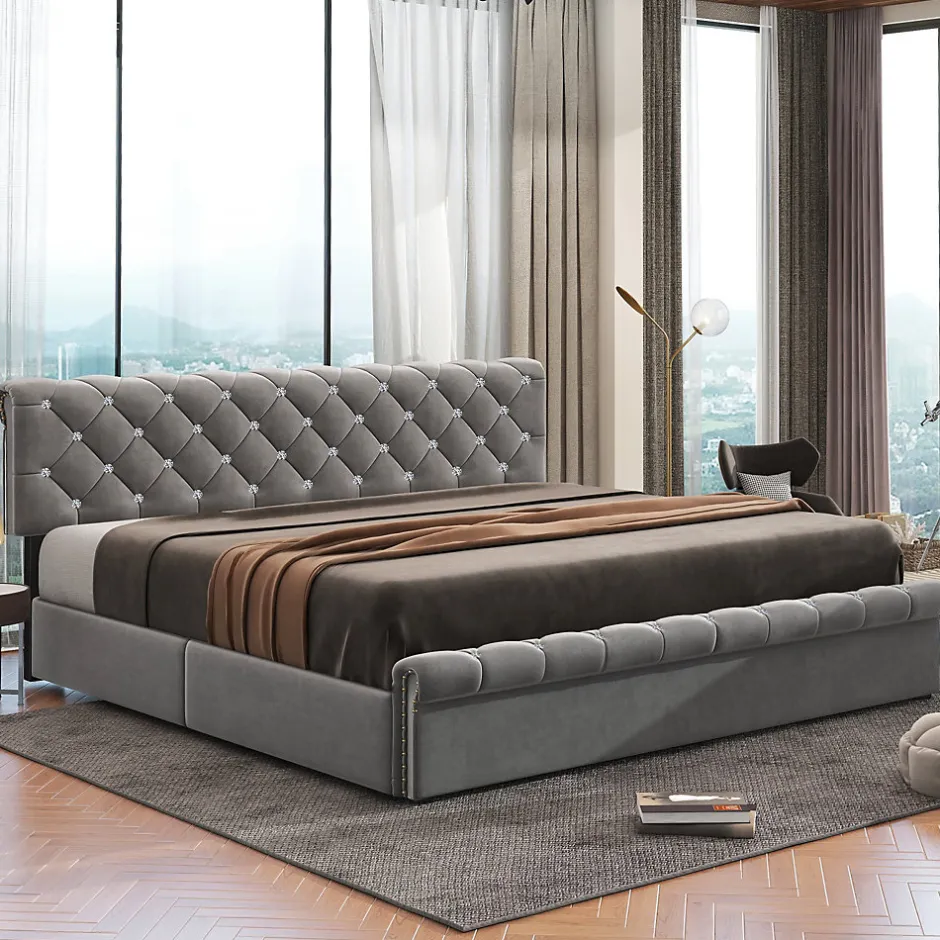 Redom Lit 180x200 cm tapissé velours gris avec tête de lit réglable, sommier à lattes et grand coffre de rangement Outlet