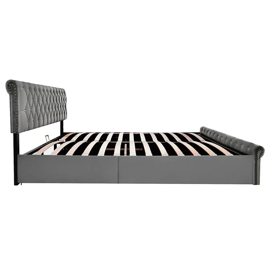 Redom Lit 180x200 cm tapissé velours gris avec tête de lit réglable, sommier à lattes et grand coffre de rangement Outlet