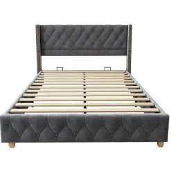 Redom Lit 160x200 cm tapissé velours gris avec tête capitonnée, ornements clous et pieds en bois robustes Outlet